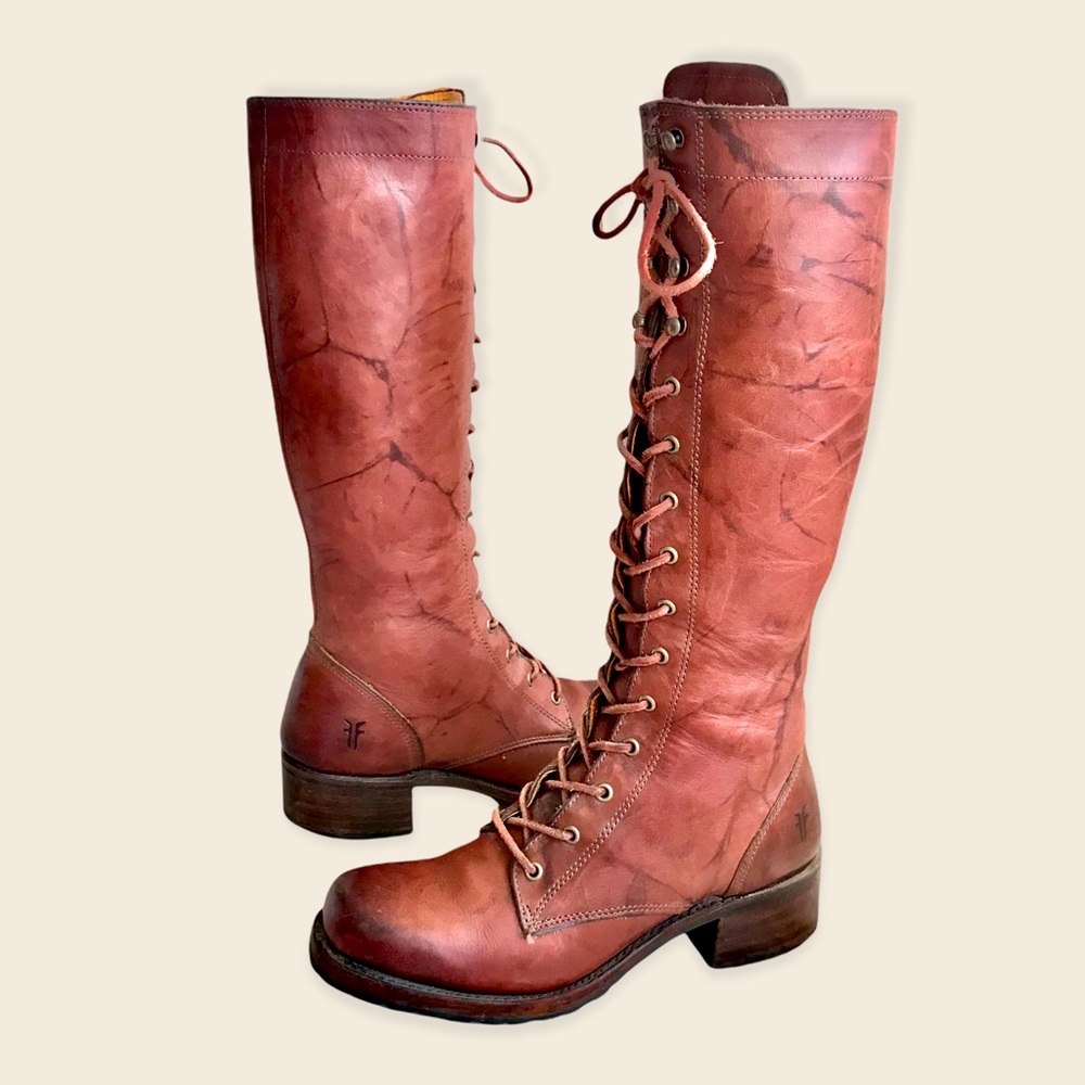 Frye Campus Lug Lace Up Cognac/Saddle Distressed Vintage Leather Heeled Boots - Picture 7 of 16